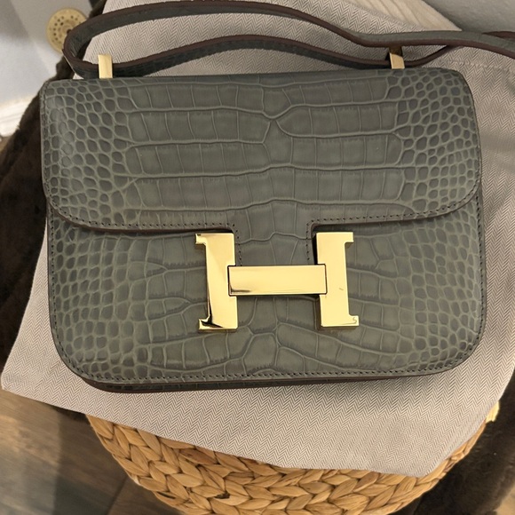 Elegant Gray Crocodile leather Bag with Gold Accents - Picture 3 of 17